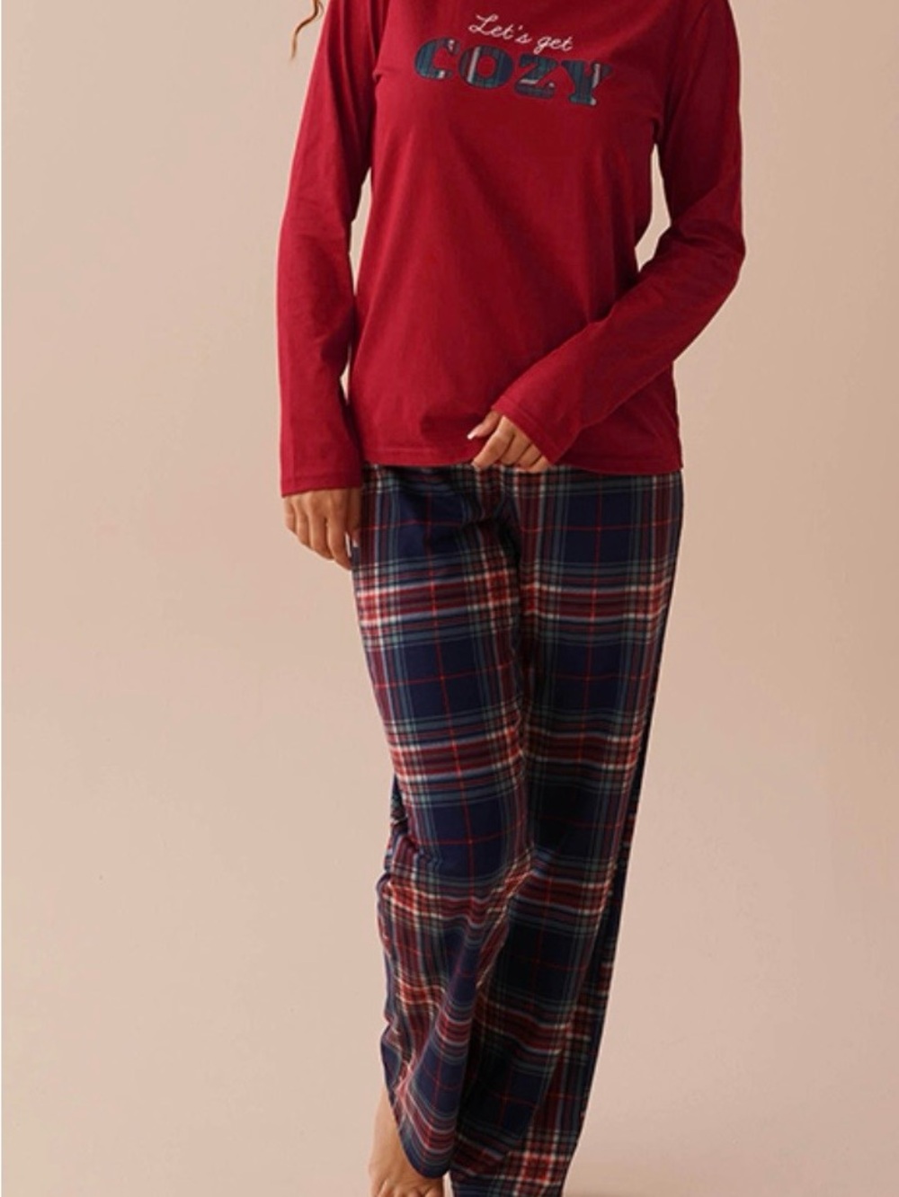 La Vie En Rose Red Long-Sleeve Top with Navy & Red Plaid Lounge Pants Set